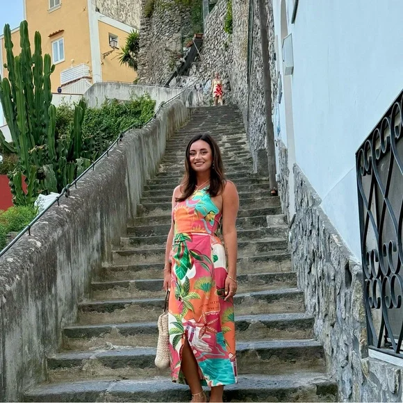 Lulus Hilinai Blue Multi Tropical Print Wrap Midi Dress - Picture 4 of 6